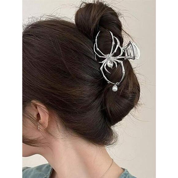 Goth Emo Elegant Spooky Silver Spider w/ Gem & Pearl Hair Clip - Picture 1 of 5